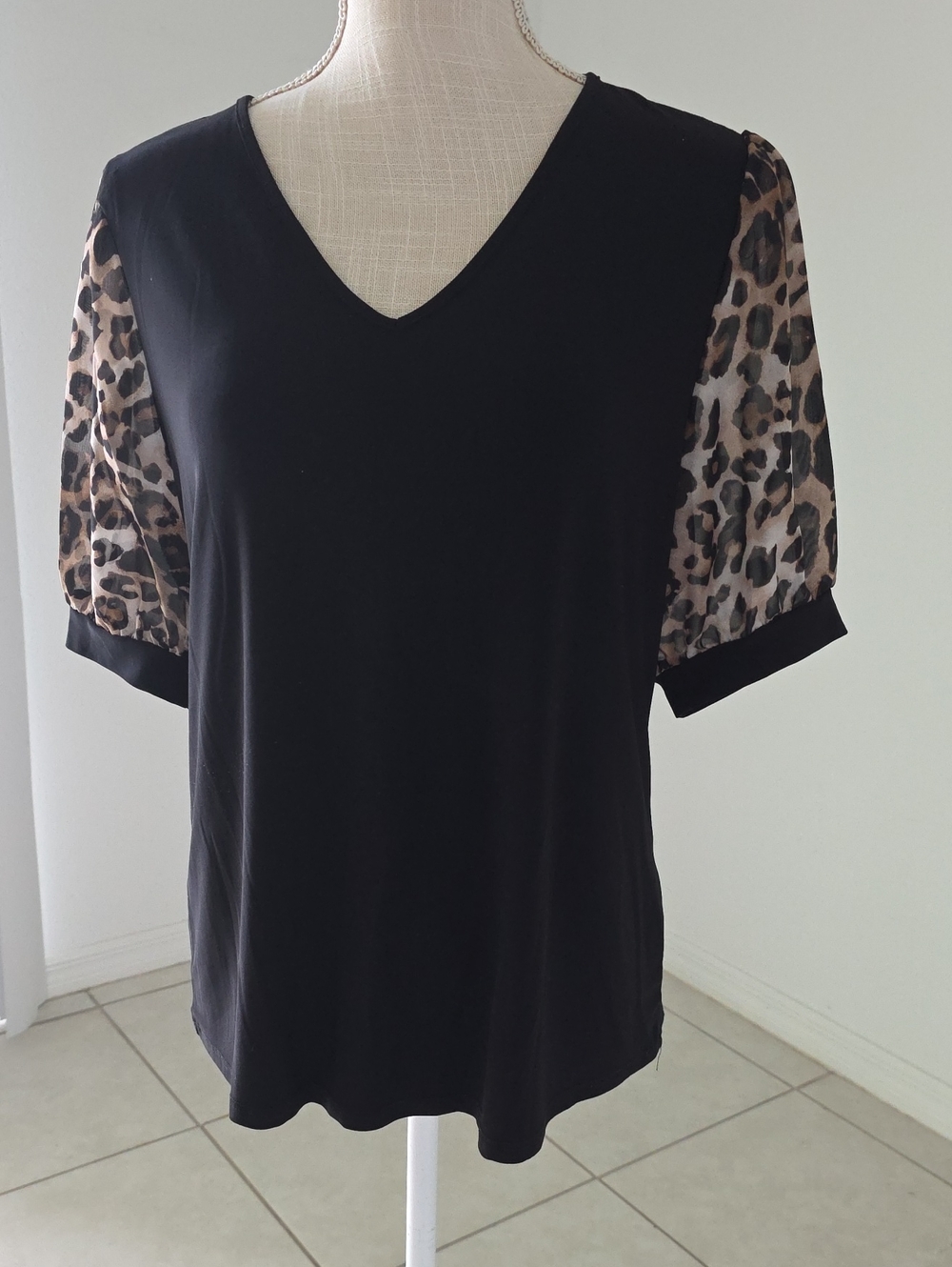 PerSeption Concept Black V-Neck Top with Leopard Sheer Puff Sleeves
